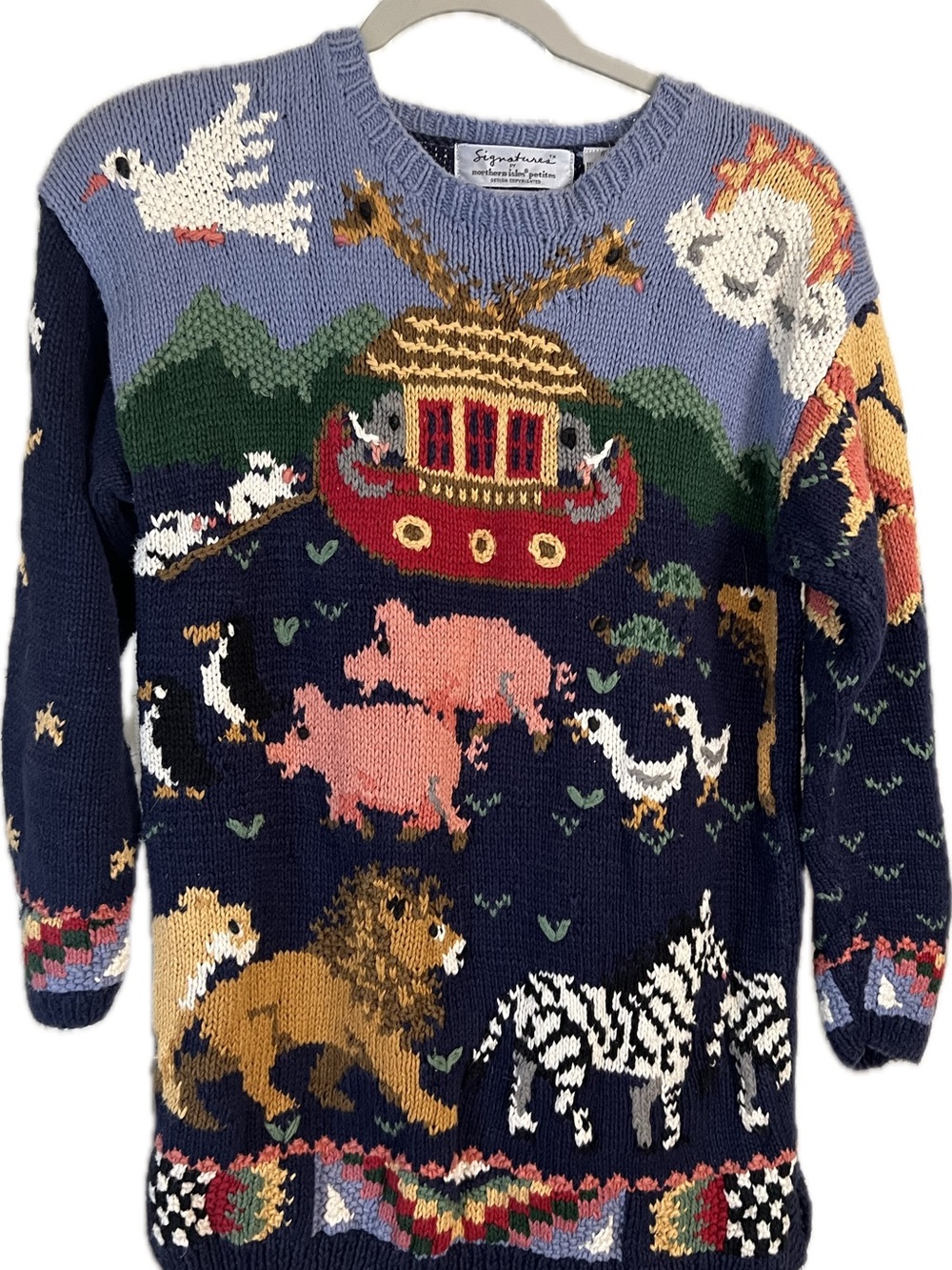 Vintage Maximalist Novelty Noah's Ark Chunky Hand Knit Tunic Sweater